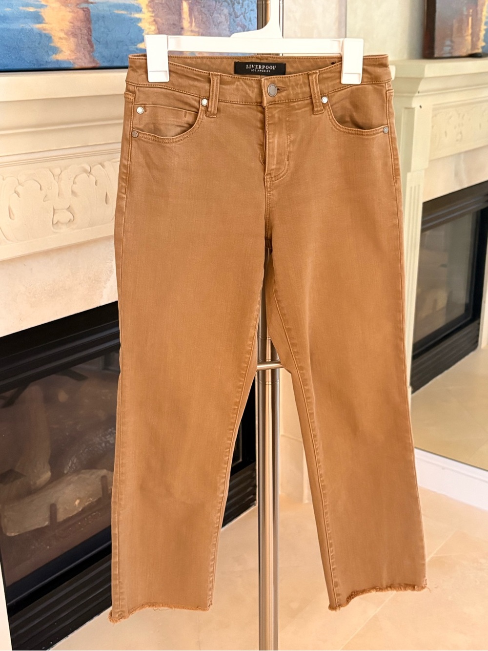Liverpool Camel Kennedy Cropped Straight Jeans with Raw Hem